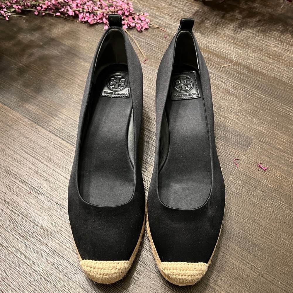 Tory Burch Heather 40MM Wedge Espadrilles Black Satin